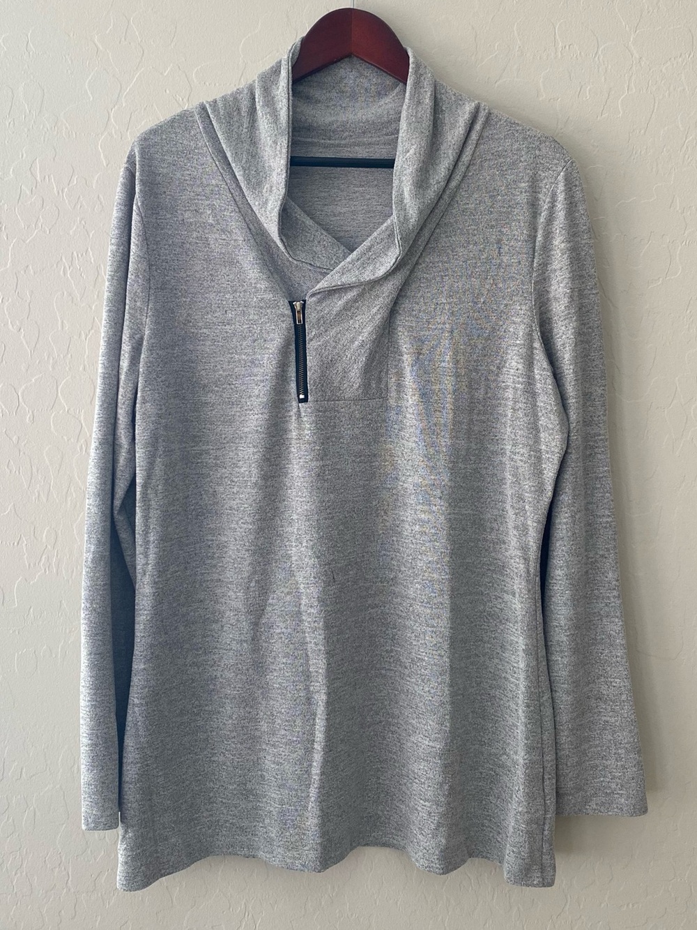 Womens XL Gray Cowl Neck Asymmetric Zip Tunic Top Long Sleeve Stretch Pullover